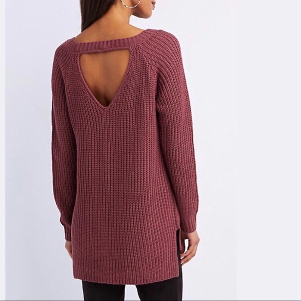 mauve open back shaker stitch sweater